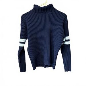 Standard Blues Vintage Ribbed Striped Sleeves Long Sleeve Turtleneck Sweater Lar